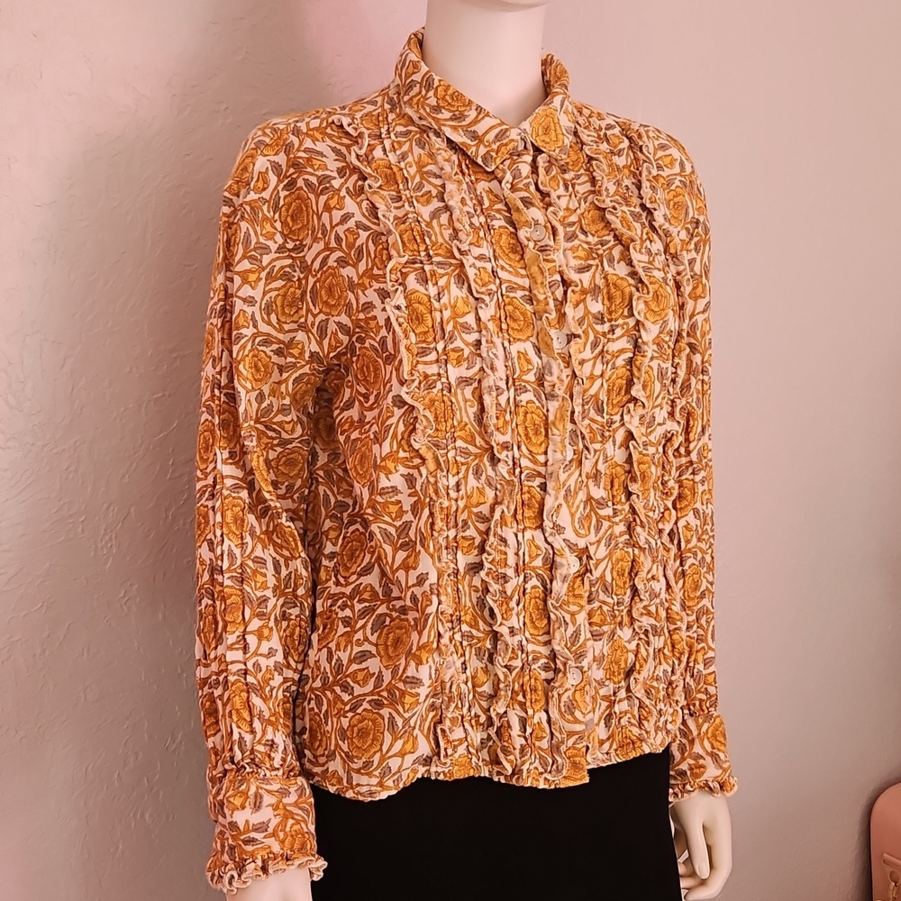 IVY JANE Retro Goldenrod Floral Ruffle Tuxedo Button Down Long Sleeve Shirt - Picture 2 of 9